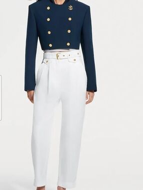 Louis Vuitton Navy Cropped Double-Breasted Jacket with White High-Waist Trousers